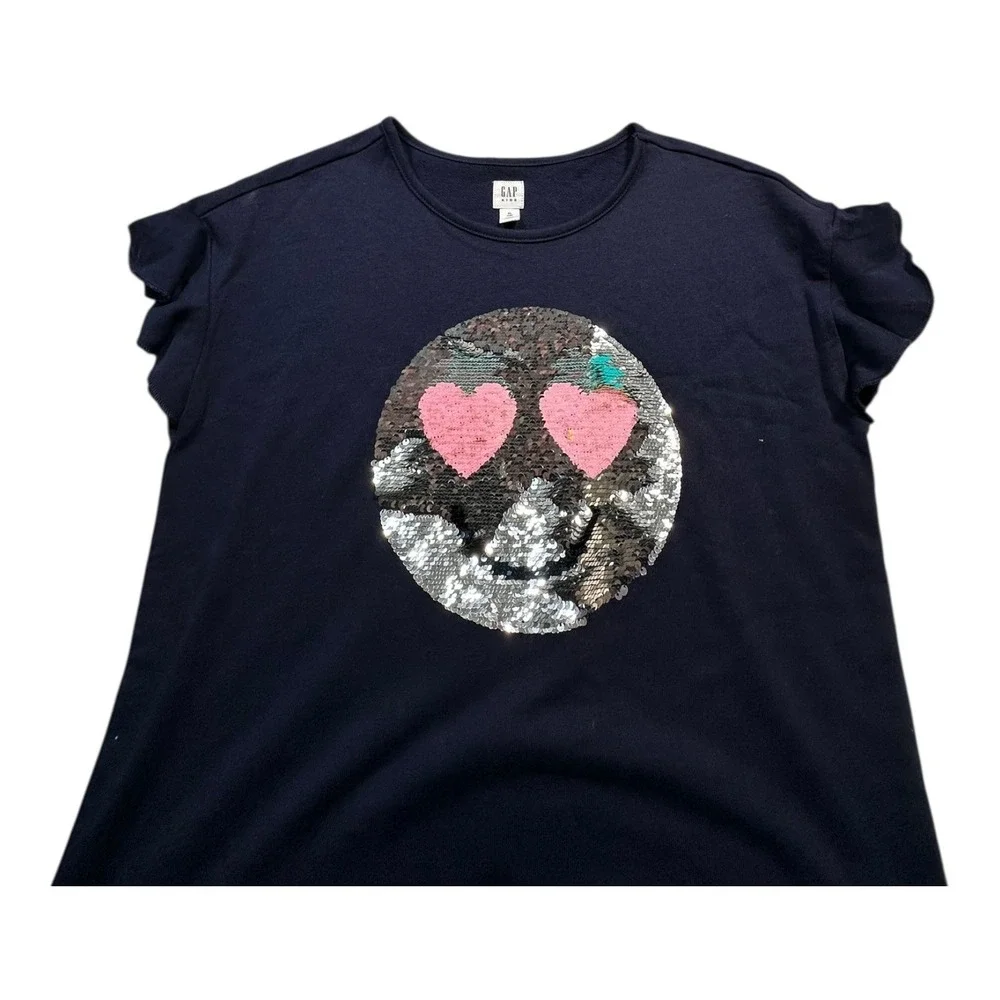 GAP‎ Kids Girls Navy Blue Sequin Smiley Face Ruffle Sleeve Dress XL 12